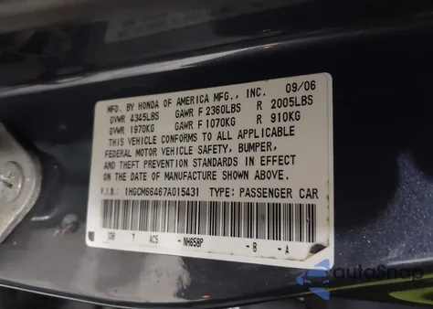 2007 Honda Accord 3.0 Se z USA, uszkodzony, nr VIN 1HGCM66467A015431